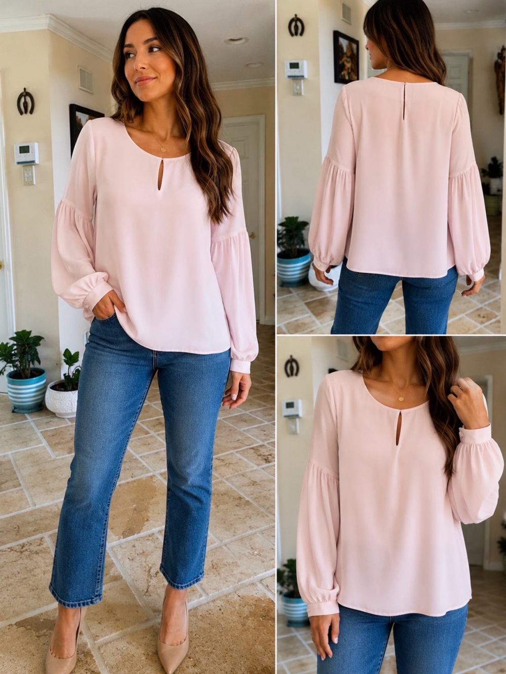 EXPRESS Blush Pink Keyhole Balloon Sleeve Blouse – Women’s Medium